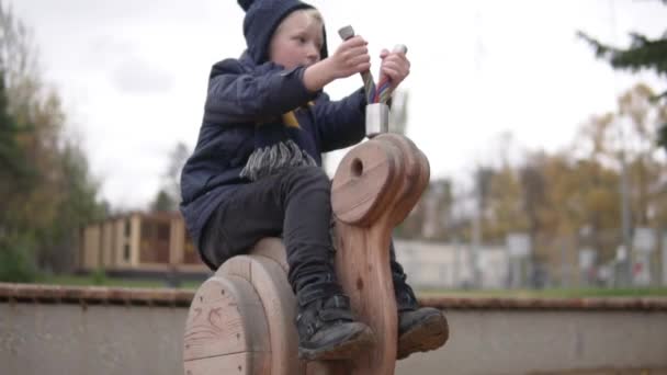 一人でスイングの秋の公園で悲しい少年の乗り物 — ストック動画