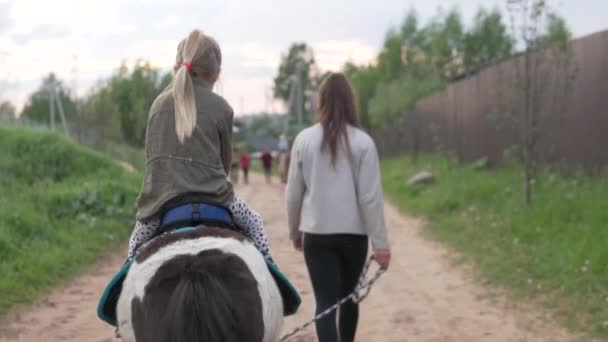 Uma menina monta um pônei em uma fazenda de cavalos . — Vídeo de Stock