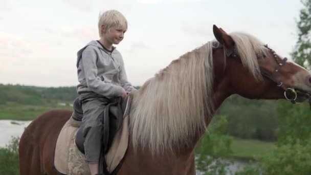Den blonda pojken rider en häst på fälten i Novgorod regionen på sommaren — Stockvideo