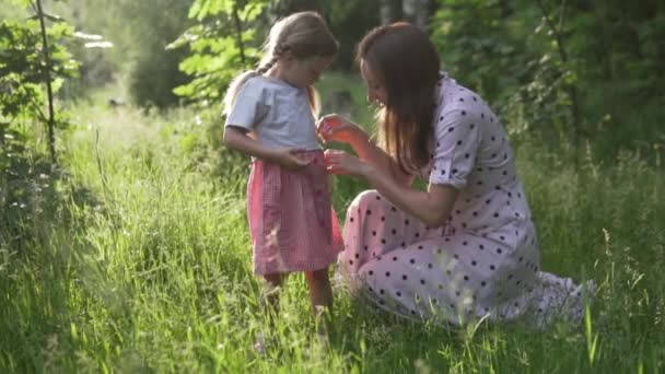 Een moeder met een klein kind loopt bij zonsondergang in het bos — Stockvideo