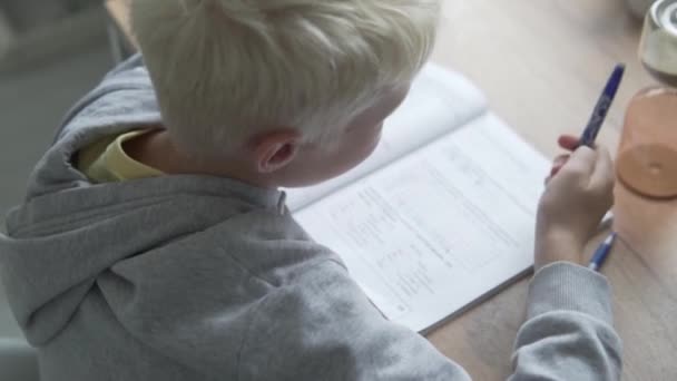 Der Junge macht Unterricht zu Hause am Tisch für eine Weile — Stockvideo