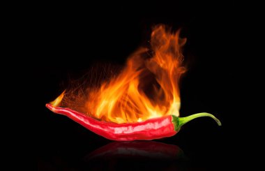 siyah arka plan üzerine ateşle tek kırmızı biber