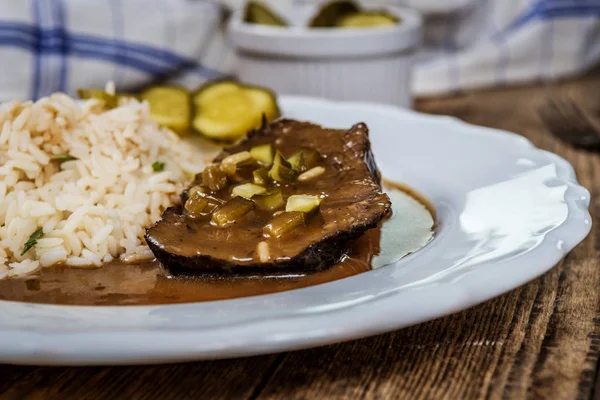 Czech Traditional Food Znojmo Sauce Gherkin Pork Meat Rice Wood — Stock Photo, Image