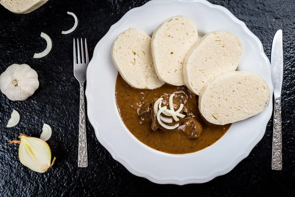 Traditional Czech Beef Goulash Dumplings Onion Dark Stone Table Top — Stock Photo, Image