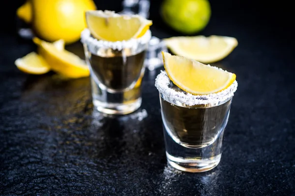 Mexican Traditional Tequila Lemon Salt Ice Cube Dark Stone Table — Stock Photo, Image