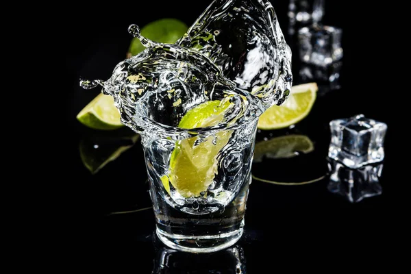 Mexican Traditional Tequila Splash Lime Black Background Ice Cube — Stock Photo, Image