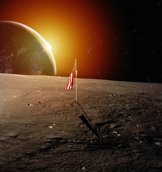 Bandera Estados Unidos Luna Planeta Azul Tierra Sol Elementos Esta — Foto de Stock