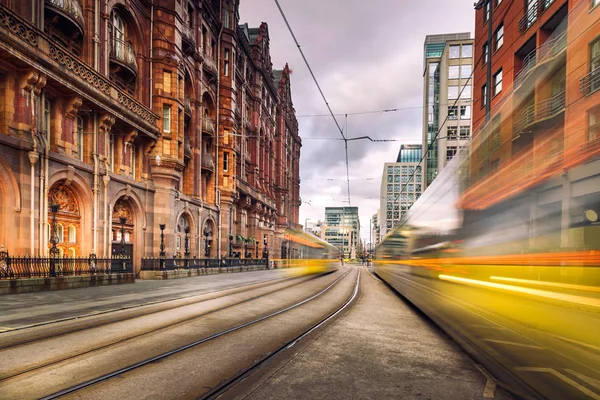 Pair Tram Light Trails Peters Square Manchester England — Stock Photo, Image