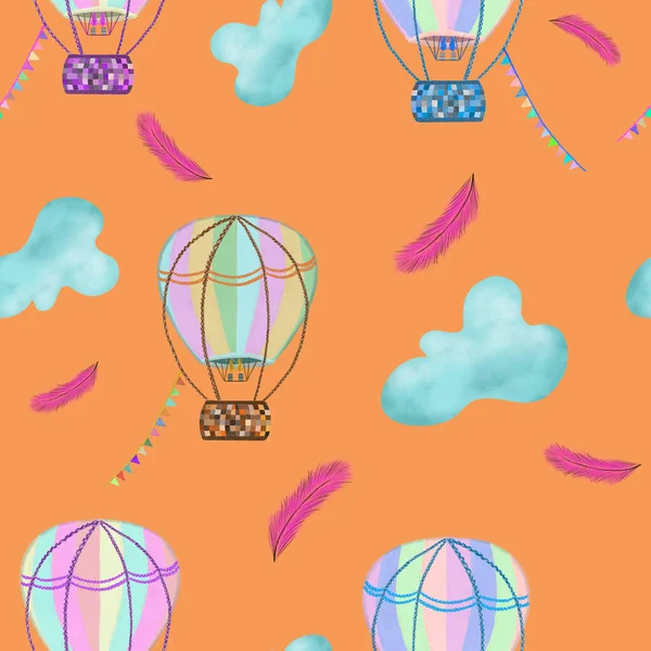 Colorful hot air balloons flying across clouds and pink feathers on orange background. Seamless pattern.  Travel, adventure, flying, fairytale, kids design. Packaging, wallpaper, textile, fabric print
