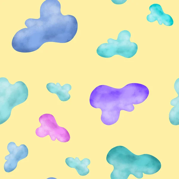 Акварельні Хмари Жовтому Тлі Безшовні Візерунки Подорожі Діти Друк Упаковка — стокове фото