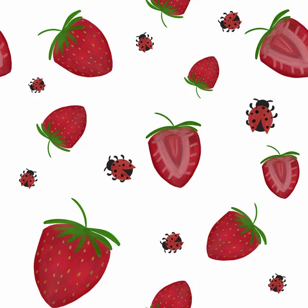 Seamless Pattern Red Ripe Strawberries Ladybugs White Background Summer Pattern — Stock Photo, Image