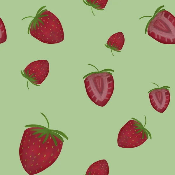 緑の背景に赤いイチゴを熟す 夏のシームレスなパターン キッチン デザートプリント テキスタイル ファブリックデザイン — ストック写真