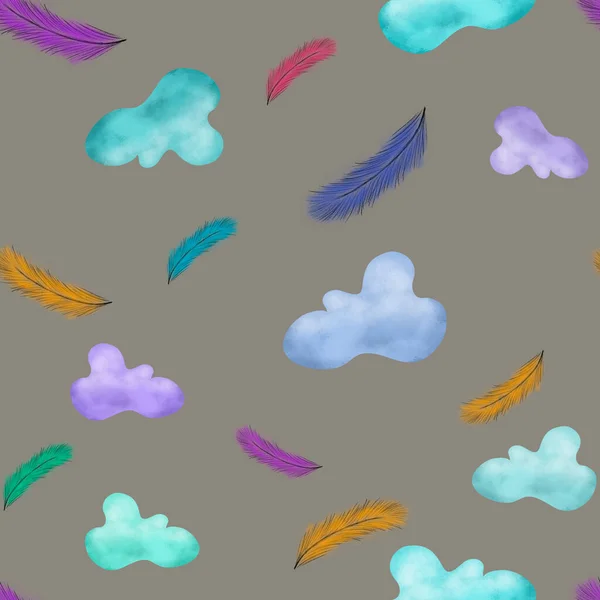 灰色の背景にカラフルな雲と羽 シームレスなパターン テキスタイルキッズ 雰囲気デザイン — ストック写真