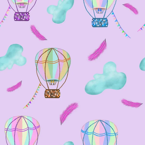 stock image Multicolored hot air balloons flying across clouds and pink feathers on pink background. Seamless pattern. travel, adventure, sky, airship print, packaging, wallpaper, textile, fabric design