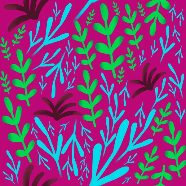 Neon Doodle Plants Branches Leaves Violet Background Seaweed Underwater Drawing — Stock Photo, Image