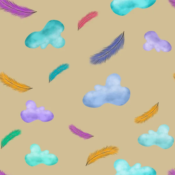 茶色の背景にカラフルな雲と羽を持つシームレスなパターン シームレスなパターン 文房具 リネンプリント テキスタイルデザイン — ストック写真