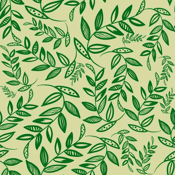 Simple doodle green branch with leaves on beige background. Seamless pattern with outline leaves. Linen print, wedding, packaging, wallpaper, textile, fabric, postcard design