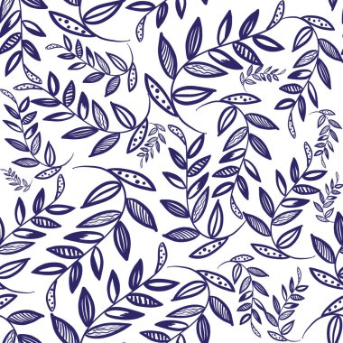 Basit mavi ana hat ve beyaz arkaplanda izler. Kusursuz desen. Karalama bitkileri. Çarşaf, kırtasiye, baskı, ambalaj, duvar kağıdı, tekstil, kumaş tasarımı