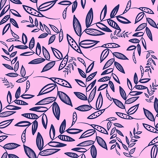 Simples Doodle Ramos Azuis Com Folhas Fundo Rosa Padrão Floral — Fotografia de Stock