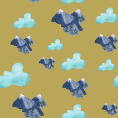 Bulutlu mavi gökyüzü ve kahverengi arka planda karlı dağlar. Kusursuz desen. Seyahat, turizm, açık hava, kamp, spor, yürüyüş baskısı, ambalaj, duvar kağıdı, tekstil, kumaş tasarımı