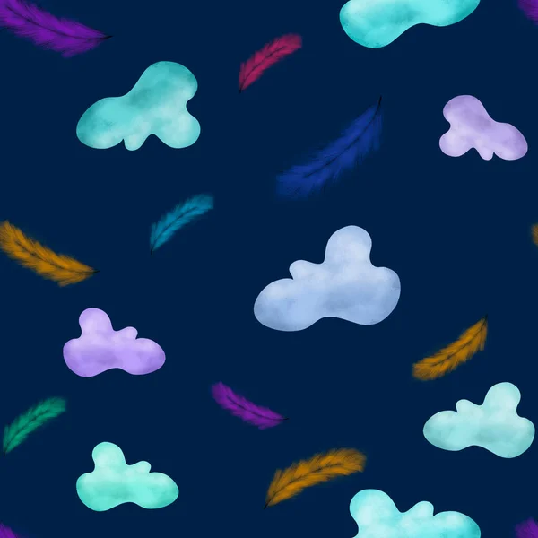 Безшовний Візерунок Різнокольоровими Хмарами Пір Темно Синьому Фоні Подорожі Діти — стокове фото