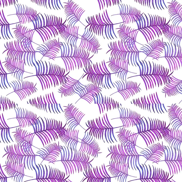 seamless pattern with purple, violet and pink palm branches on white background. Tropical pattern. Exotic palm leaves. Print, packaging, wallpaper, fabric design. Summer print