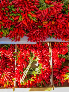 Bir demet tatlı kırmızı, sarı ve yeşil biber. Üst Manzara. Organik. Doğal sebzeler. Malzemeler. Fiş..  