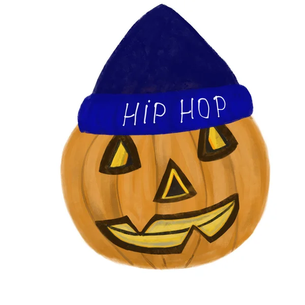 Halloween Jack Lucerna Dýně Úsměvem Modrém Klobouku Hip Hop Text — Stock fotografie