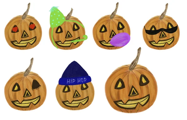 Halloween Sütőtök Készlet Aranyos Arcokkal Kiegészítőkkel Halloween Koncepció Eszközök Írószerek — Stock Fotó
