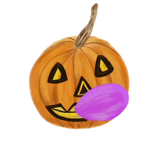 Jack Lantaarn Met Roze Kauwgom Geïsoleerd Wit Aquarel Halloween Pompoen — Stockfoto
