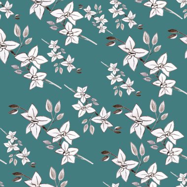 Koyu mavi arka planda beyaz orkideler. Çiçeksiz desen. Kalem el çizimi. Orkide deseni. paketleme, duvar kağıtları, kumaş ve tekstil tasarımı