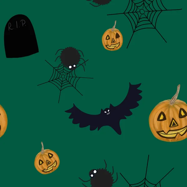 Halloween Ikonok Sötétzöld Háttérrel Halloween Zökkenőmentes Minta Tökfejek Állatok Ijesztő — Stock Fotó