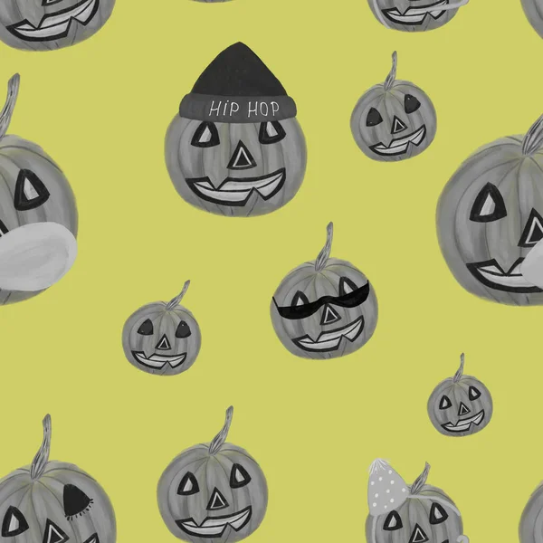 Halloween Bezešvé Vzor Roztomilé Černé Bílé Dýně Žlutém Pozadí Halloween — Stock fotografie