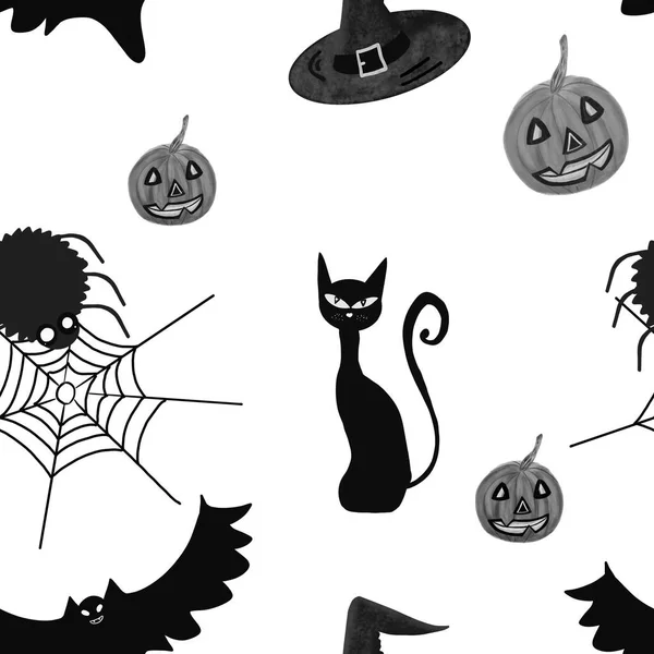 black cat, spider, cobweb, witch\'s hat, bat, pumpkins on white background. Halloween seamless pattern. Print, packaging, wallpaper, textile, stationery, kids design