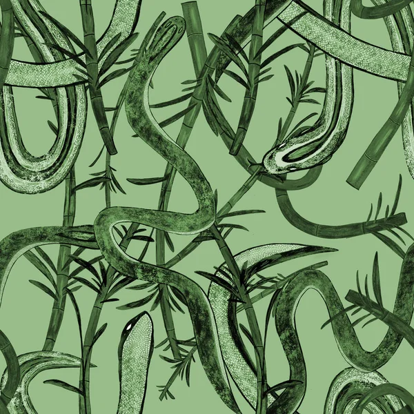 Φίδια Ζωγραφισμένα Στο Χέρι Μπαμπού Δάσος Τονισμένο Πράσινο Πράσινο Φόντο — Φωτογραφία Αρχείου
