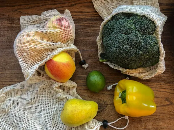 Frutas Verduras Frescas Bolsas Algodón Estilo Vida Ecológico Concepto Embalaje — Foto de Stock