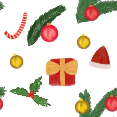 Beyaz arka planda noel süslemeleri olan kusursuz bir desen. Altın yaylı kırmızı hediye, Noel ağacı, Noel baloları, şeker kamışı, Noel Baba şapkası, ökseotu. Yazdırma, paketleme, duvar kağıdı, tekstil 
