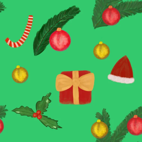 Yeşil Arka Planda Noel Süslemeleri Olan Kusursuz Bir Desen Altın — Stok fotoğraf