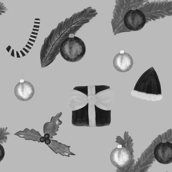 Suluboya Beyaz Siyah Noel Süslemeleri Ökseotu Çoban Püskülü Toplar Hediye — Stok fotoğraf