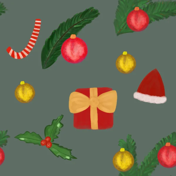 Seamless Pattern Christmas Decorations Gray Background Red Gift Bow Golden — Stock Photo, Image