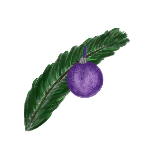 Watercolor Christmas Tree Branch Purple Christmas Ball Isolated White Background — Stock Photo, Image