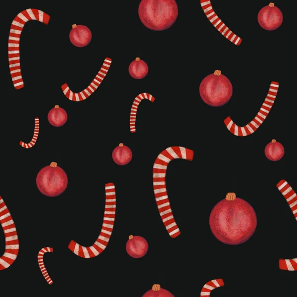 Sulu Boya Kırmızı Noel Topları Siyah Arka Planda Şeker Kamışları — Stok fotoğraf