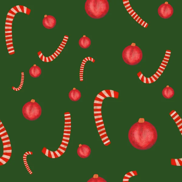 Seamless Pattern Watercolor Red Christmas Balls Candy Canes Green Background — Stock Photo, Image