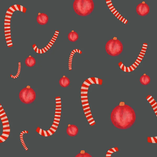 Sulu Boya Kırmızı Noel Topları Gri Arka Planda Şeker Kamışları — Stok fotoğraf