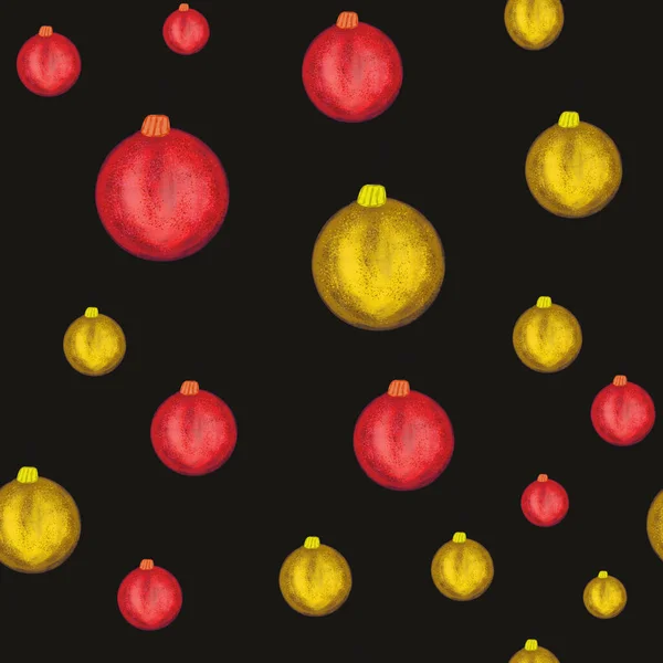 Kırmızı Suluboya Siyah Arka Planda Altın Noel Topları Kusursuz Desen — Stok fotoğraf