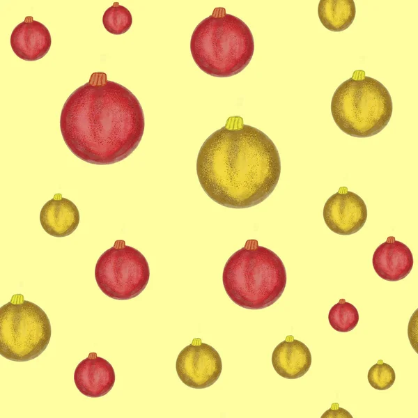 Aquarela Bolas Natal Vermelhas Douradas Fundo Amarelo Padrão Sem Costura — Fotografia de Stock