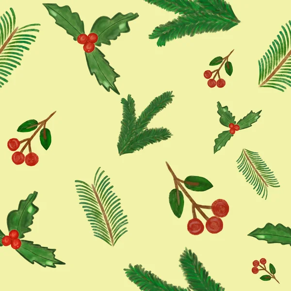 Suluboya Elle Çizilmiş Kusursuz Desenler Noel Ağaçları Holly Sarı Arka — Stok fotoğraf