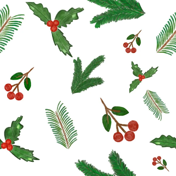 seamless pattern with watercolor hand drawn christmas trees, holly, mistletoe on white background. Print, packaging, wallpaper, textile, design