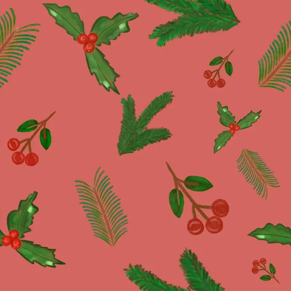 seamless pattern with watercolor hand drawn christmas trees, holly, mistletoe on red background. Print, packaging, wallpaper, textile, design, stationery, kids. Traditional