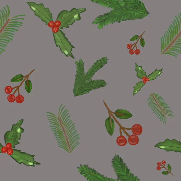 Suluboya Elle Çizilmiş Kusursuz Desenler Noel Ağaçları Holly Gri Arka — Stok fotoğraf